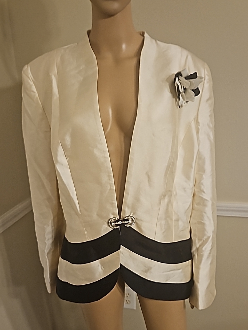 Ivory Open-Front Women's Blazer with Black Trim Two Piece Pant Suit